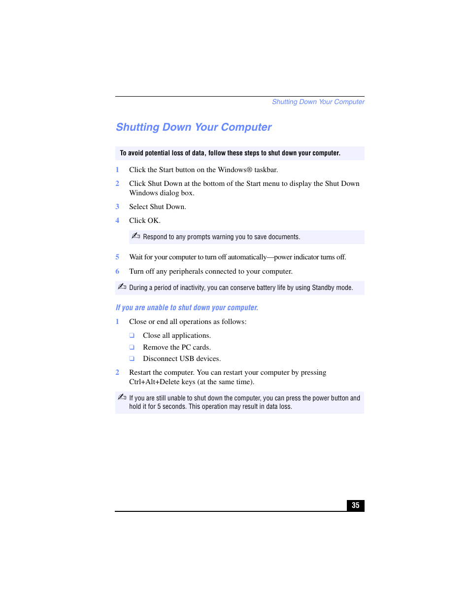 Shutting down your computer | Sony PCG-FX210 User Manual | Page 35 / 136