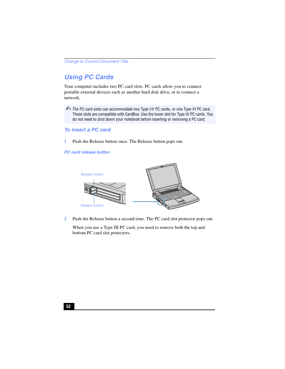 Using pc cards, To insert a pc card | Sony PCG-FX210 User Manual | Page 52 / 136