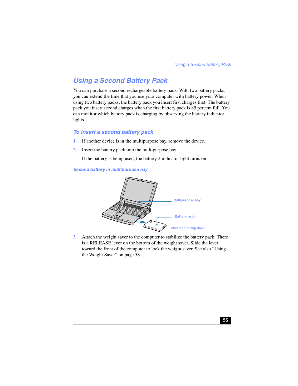 Using a second battery pack, To insert a second battery pack | Sony PCG-FX210 User Manual | Page 55 / 136