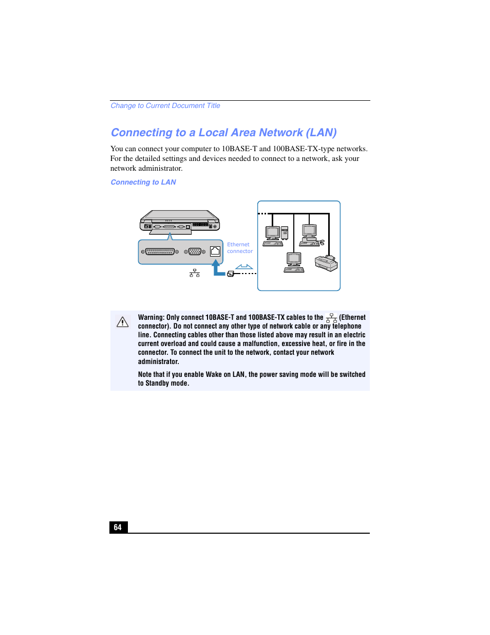 Connecting to a local area network (lan) | Sony PCG-FX210 User Manual | Page 64 / 136