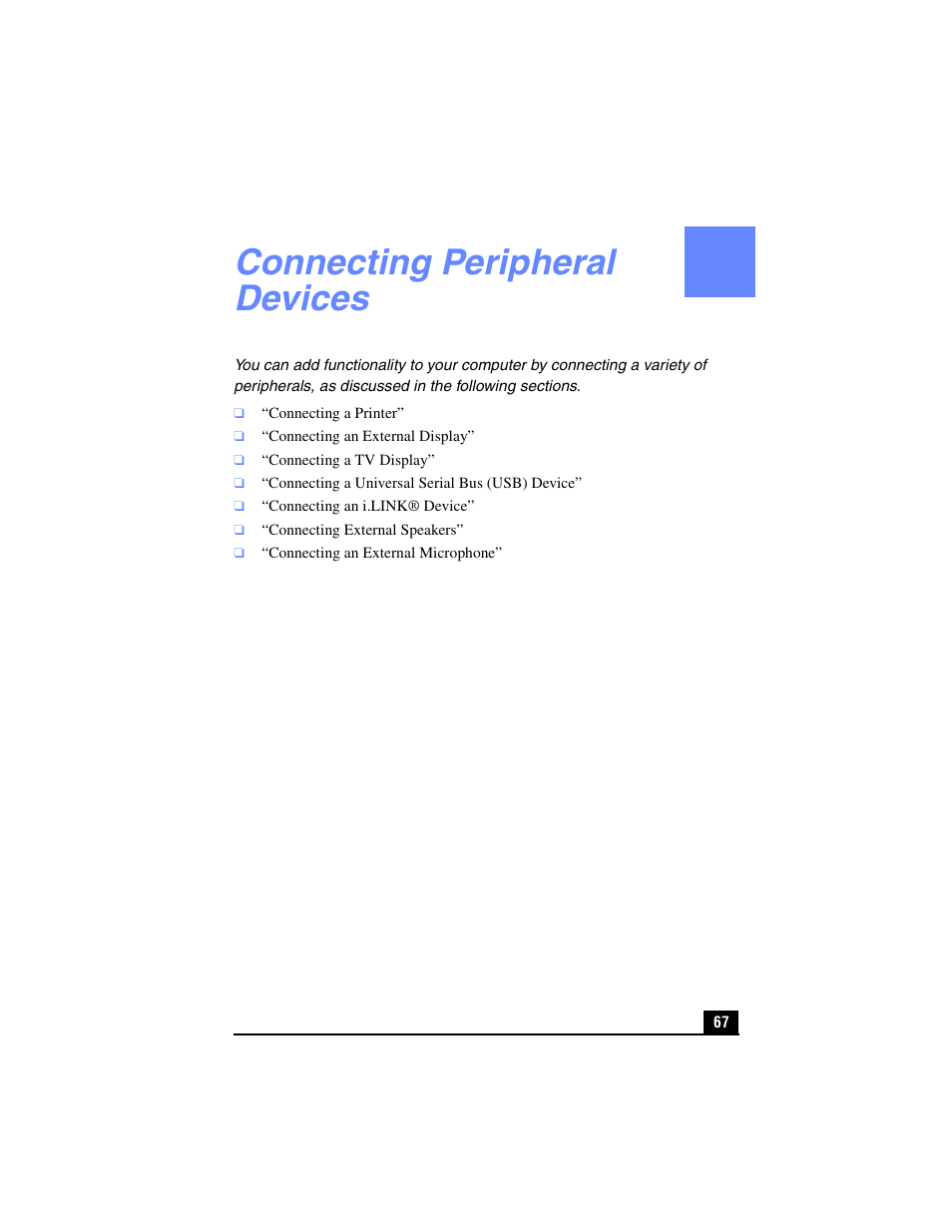 Connecting peripheral devices | Sony PCG-FX210 User Manual | Page 67 / 136