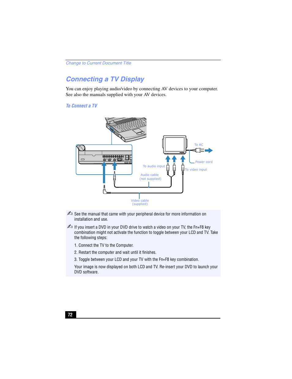 Connecting a tv display | Sony PCG-FX210 User Manual | Page 72 / 136