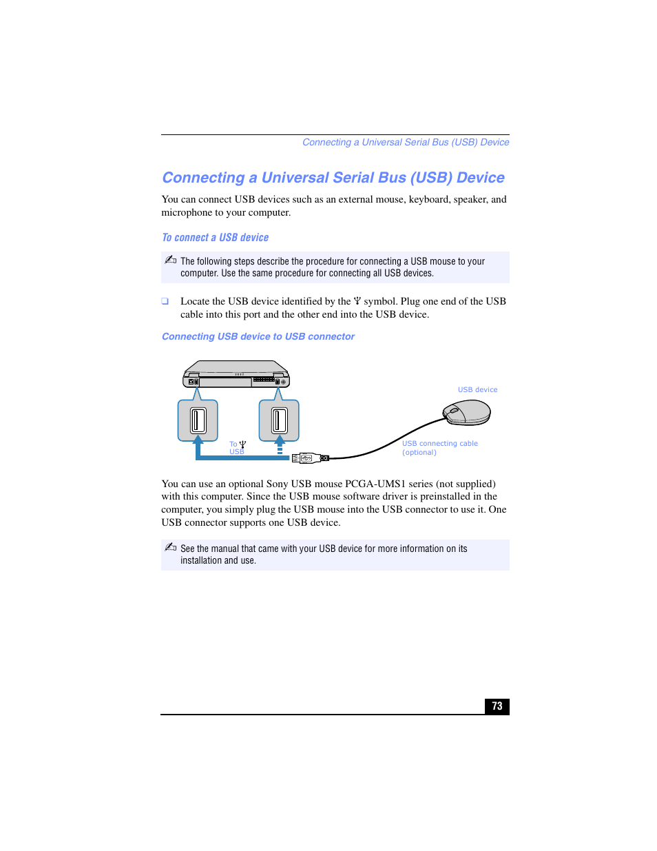 Connecting a universal serial bus (usb) device | Sony PCG-FX210 User Manual | Page 73 / 136