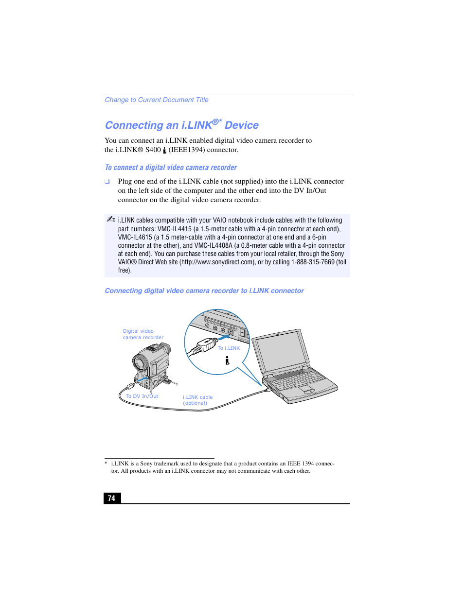 Connecting an i.link® device, Connecting an i.link, Device | Sony PCG-FX210 User Manual | Page 74 / 136