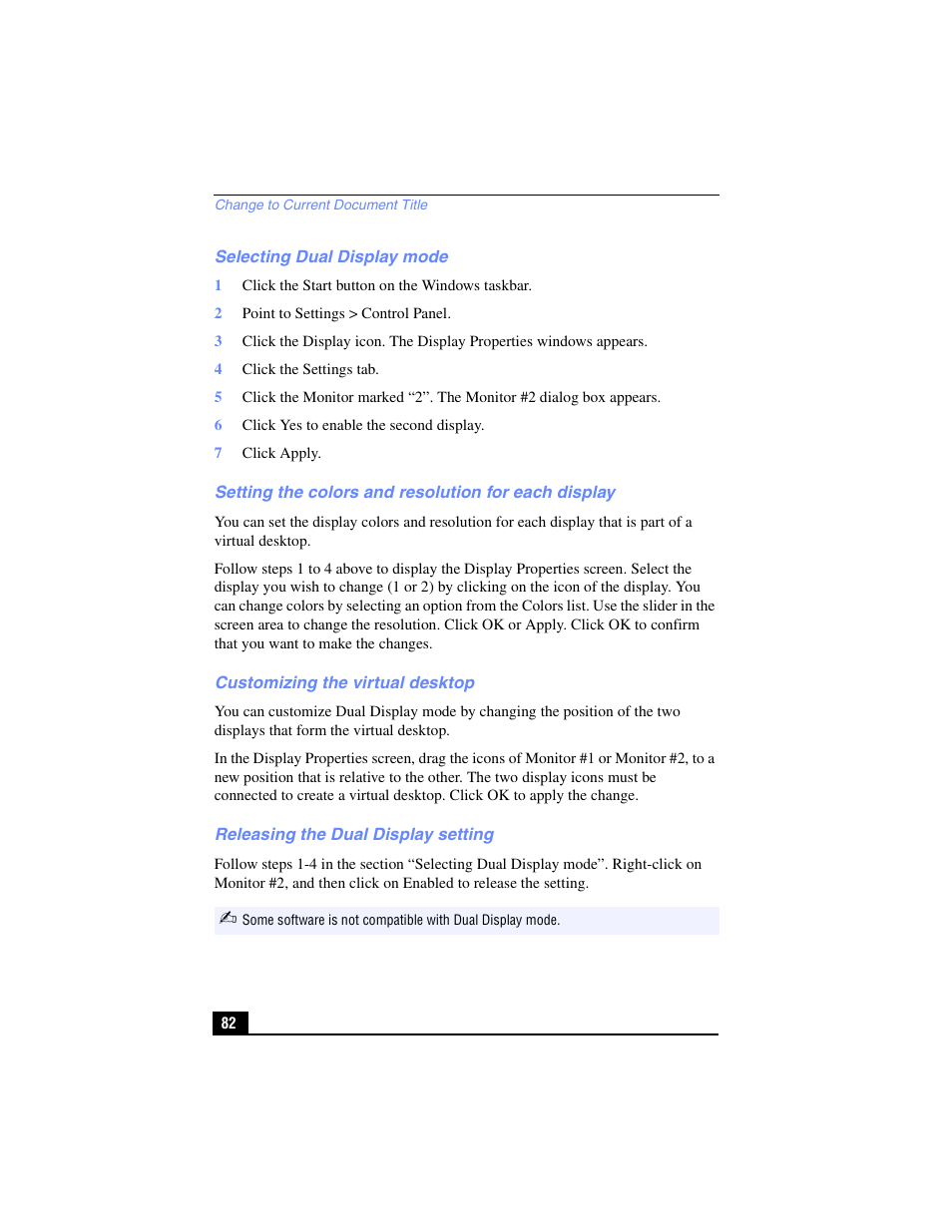 Selecting dual display mode, Setting the colors and resolution for each display, Customizing the virtual desktop | Releasing the dual display setting | Sony PCG-FX210 User Manual | Page 82 / 136