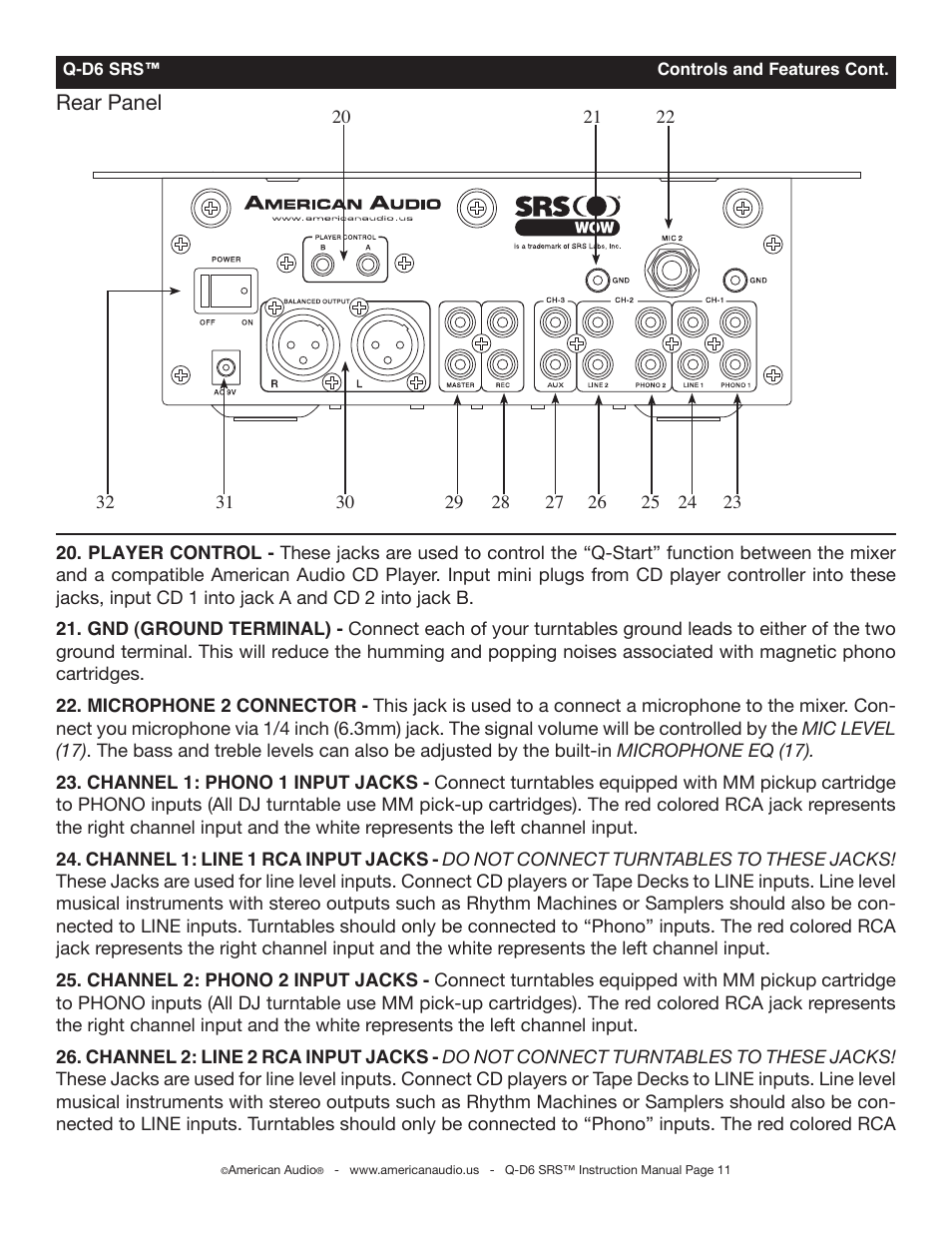 Rear panel | American Audio Q-D6 SRS User Manual | Page 11 / 19