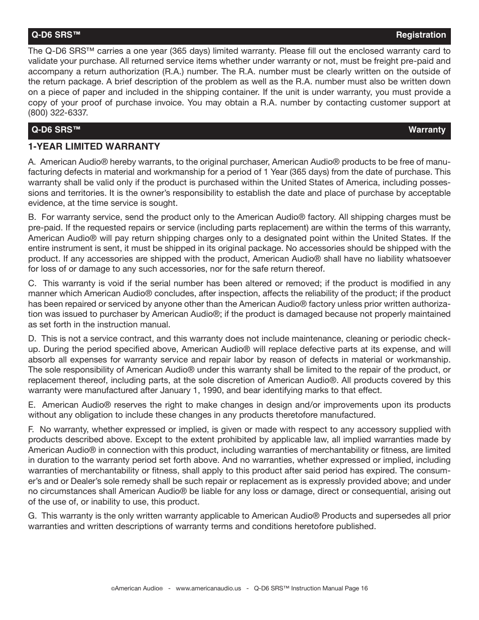 American Audio Q-D6 SRS User Manual | Page 16 / 19
