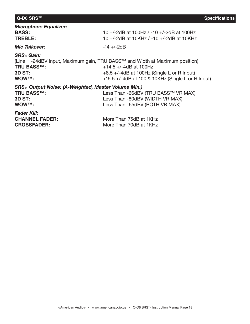 American Audio Q-D6 SRS User Manual | Page 18 / 19