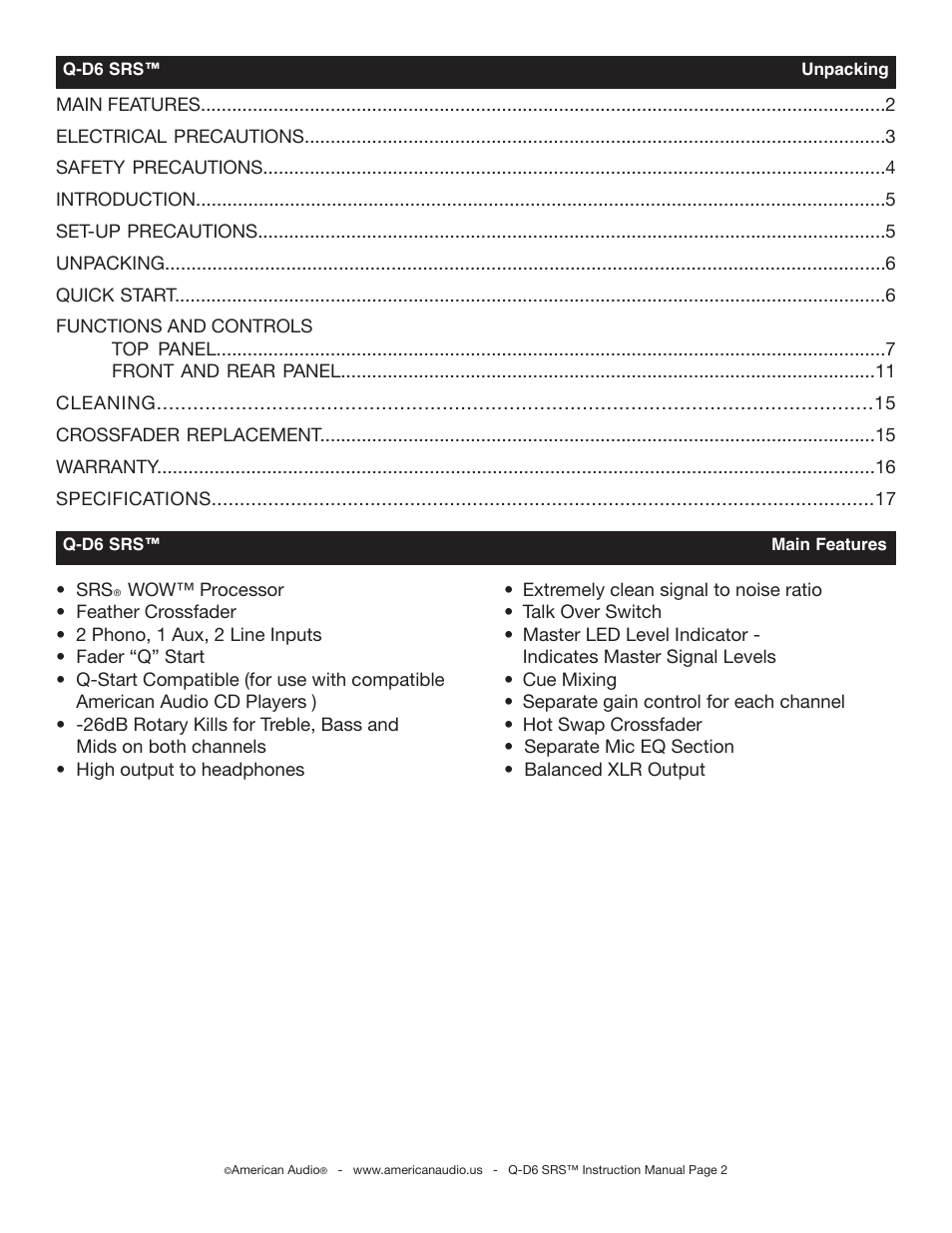 American Audio Q-D6 SRS User Manual | Page 2 / 19