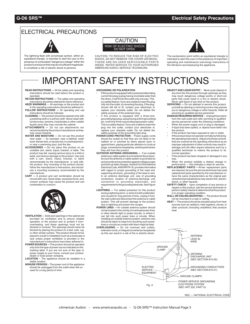 Important safety instructions, Electrical precautions, Caution | Q-d6 srs™ electrical safety precautions | American Audio Q-D6 SRS User Manual | Page 3 / 19
