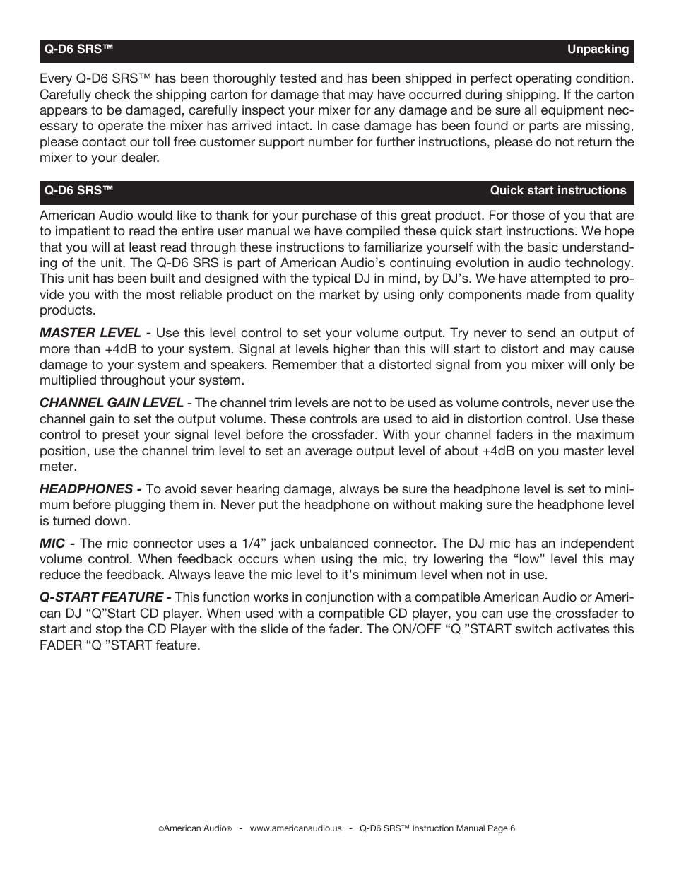 American Audio Q-D6 SRS User Manual | Page 6 / 19