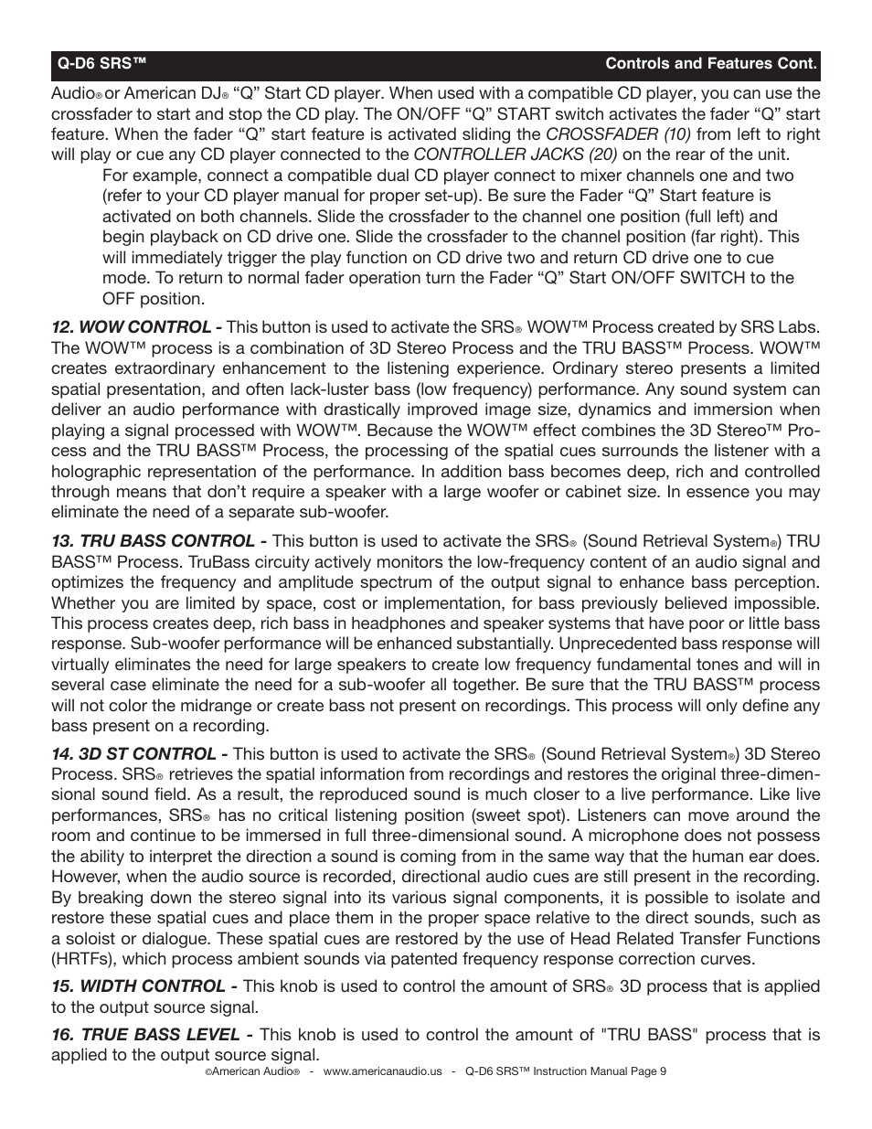 American Audio Q-D6 SRS User Manual | Page 9 / 19