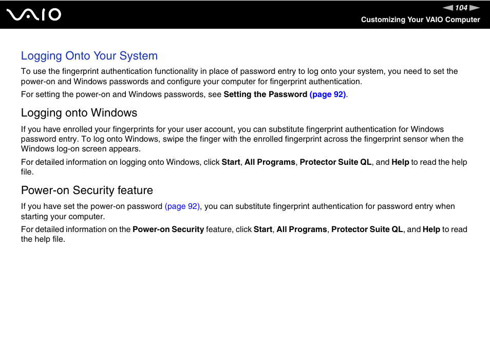 Logging onto your system, Logging onto windows, Power-on security feature | Sony VGN-CR490EBL User Manual | Page 104 / 200