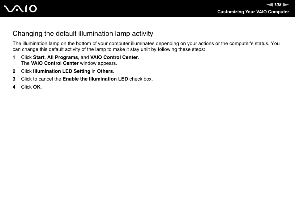 Changing the default illumination lamp activity | Sony VGN-CR490EBL User Manual | Page 108 / 200