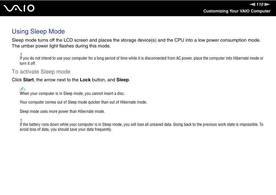 Using sleep mode | Sony VGN-CR490EBL User Manual | Page 110 / 200