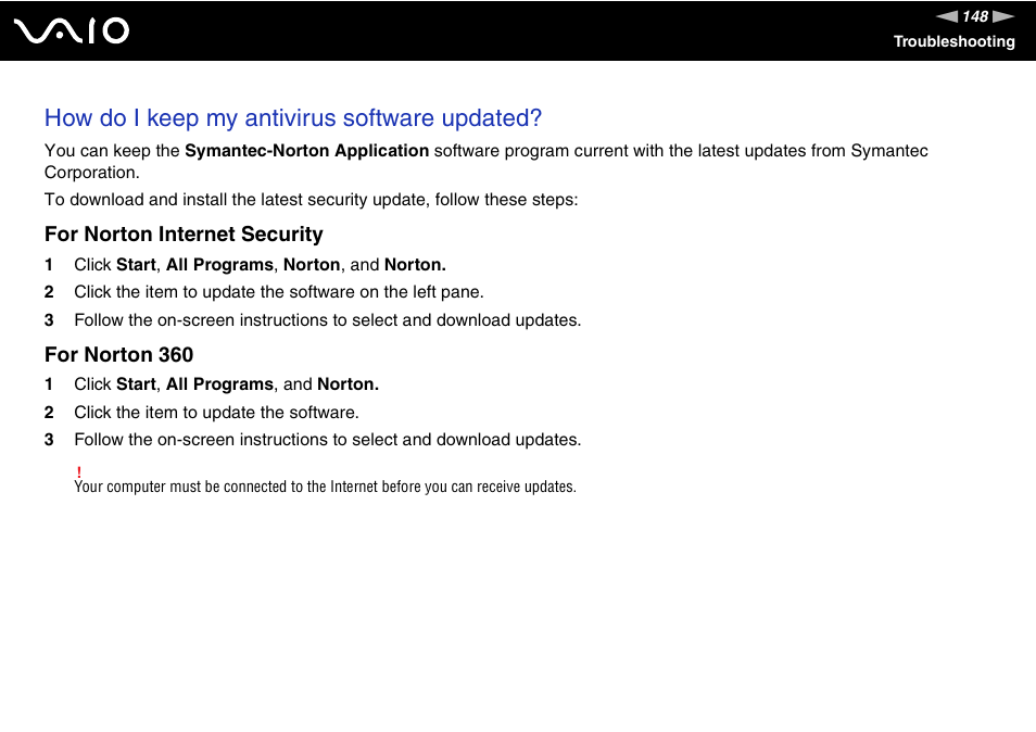 How do i keep my antivirus software updated, For norton internet security, For norton 360 | Sony VGN-CR490EBL User Manual | Page 148 / 200