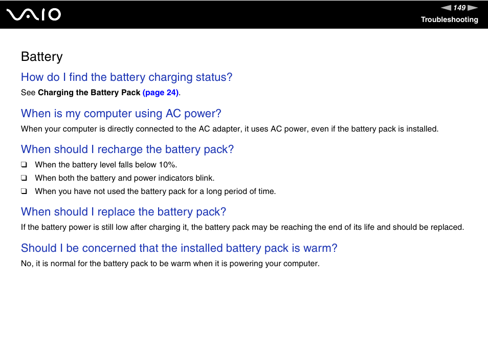 Battery, How do i find the battery charging status, When is my computer using ac power | When should i recharge the battery pack, When should i replace the battery pack | Sony VGN-CR490EBL User Manual | Page 149 / 200