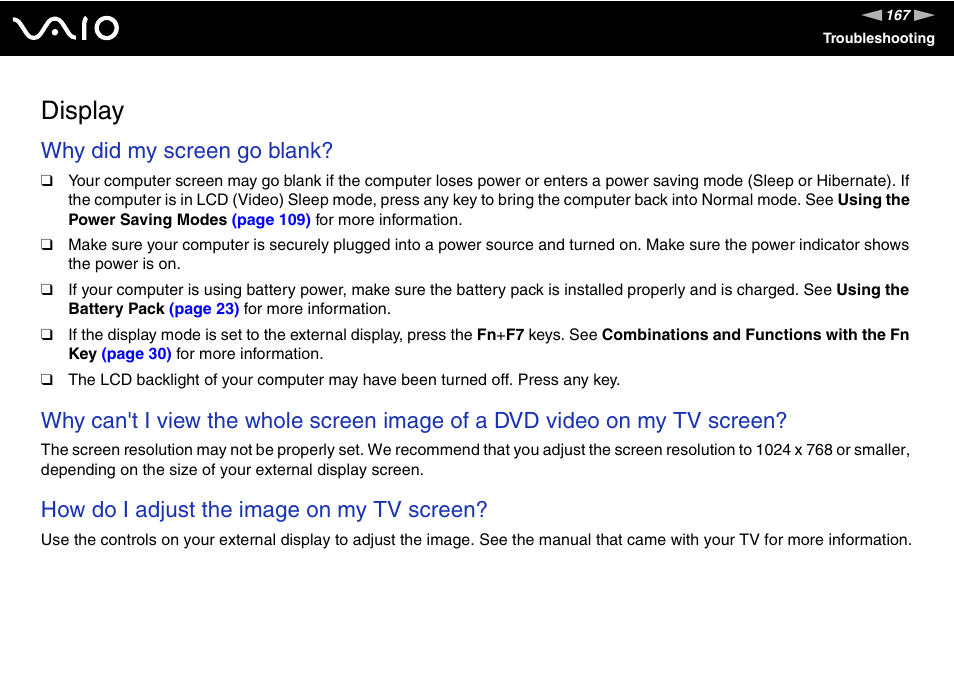 Display, Why did my screen go blank, How do i adjust the image on my tv screen | Sony VGN-CR490EBL User Manual | Page 167 / 200