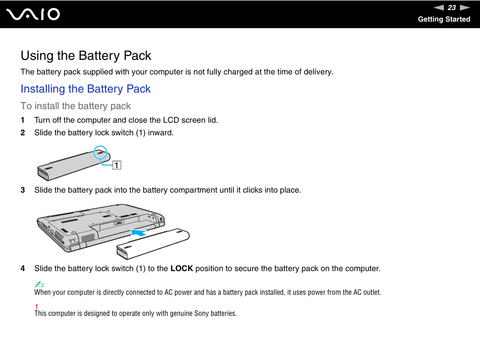 Using the battery pack, Installing the battery pack | Sony VGN-CR490EBL User Manual | Page 23 / 200