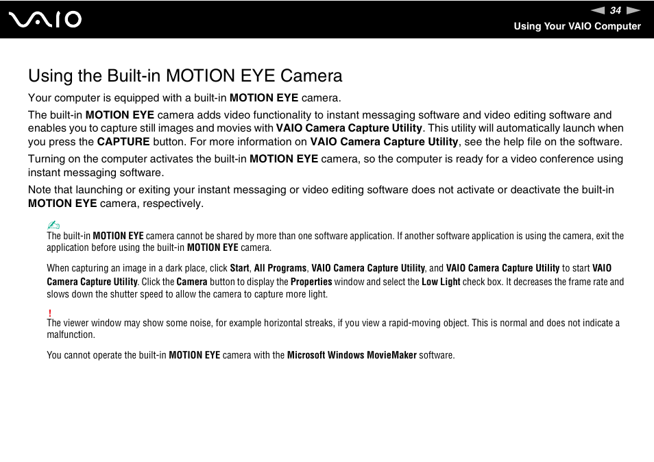 Using the built-in motion eye camera | Sony VGN-CR490EBL User Manual | Page 34 / 200