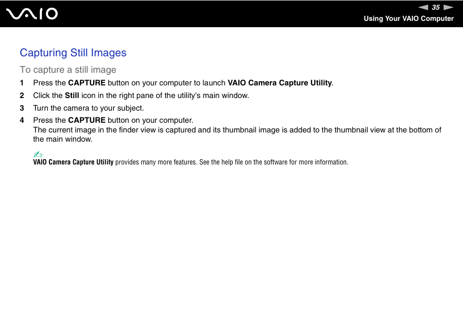 Capturing still images | Sony VGN-CR490EBL User Manual | Page 35 / 200