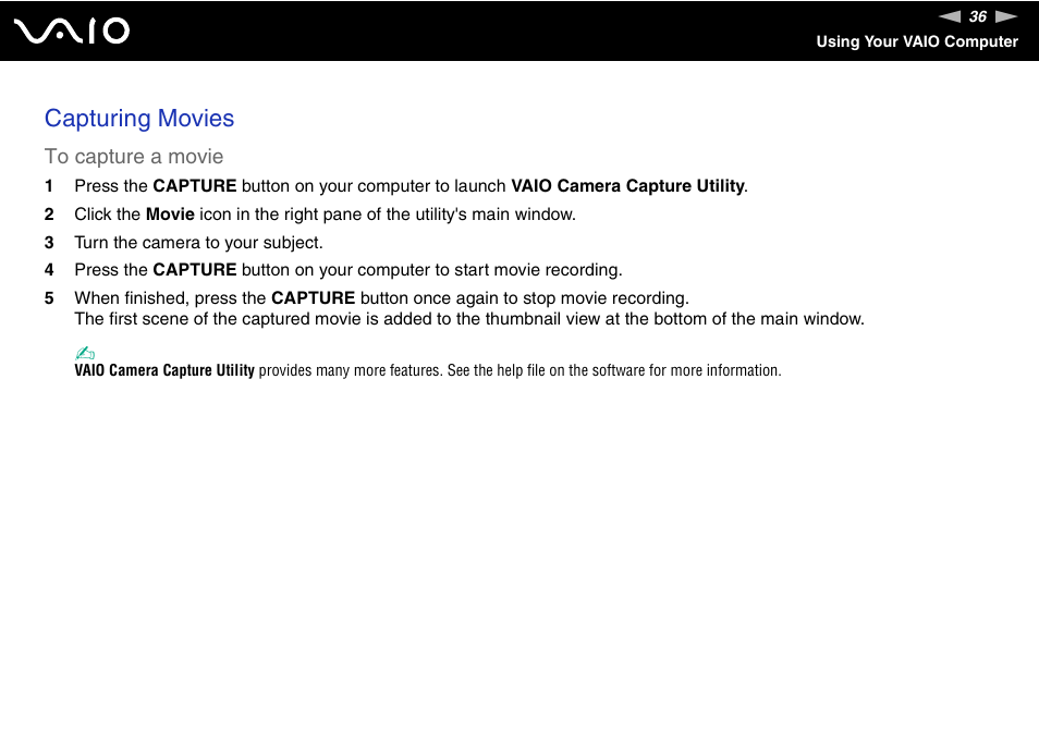 Capturing movies | Sony VGN-CR490EBL User Manual | Page 36 / 200