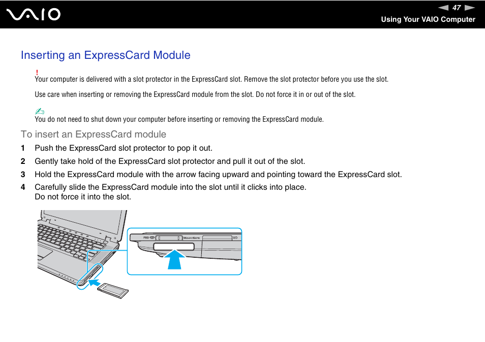 Inserting an expresscard module | Sony VGN-CR490EBL User Manual | Page 47 / 200