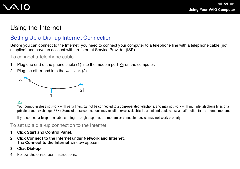 Using the internet, Setting up a dial-up internet connection | Sony VGN-CR490EBL User Manual | Page 59 / 200