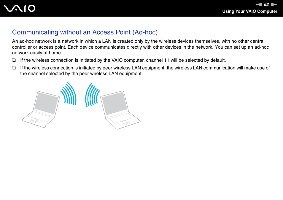 Communicating without an access point (ad-hoc) | Sony VGN-CR490EBL User Manual | Page 62 / 200