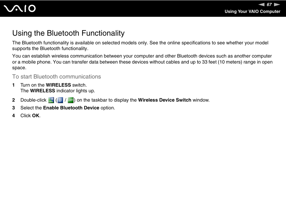 Using the bluetooth functionality | Sony VGN-CR490EBL User Manual | Page 67 / 200