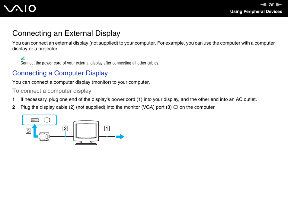 Connecting an external display, Connecting a computer display | Sony VGN-CR490EBL User Manual | Page 76 / 200