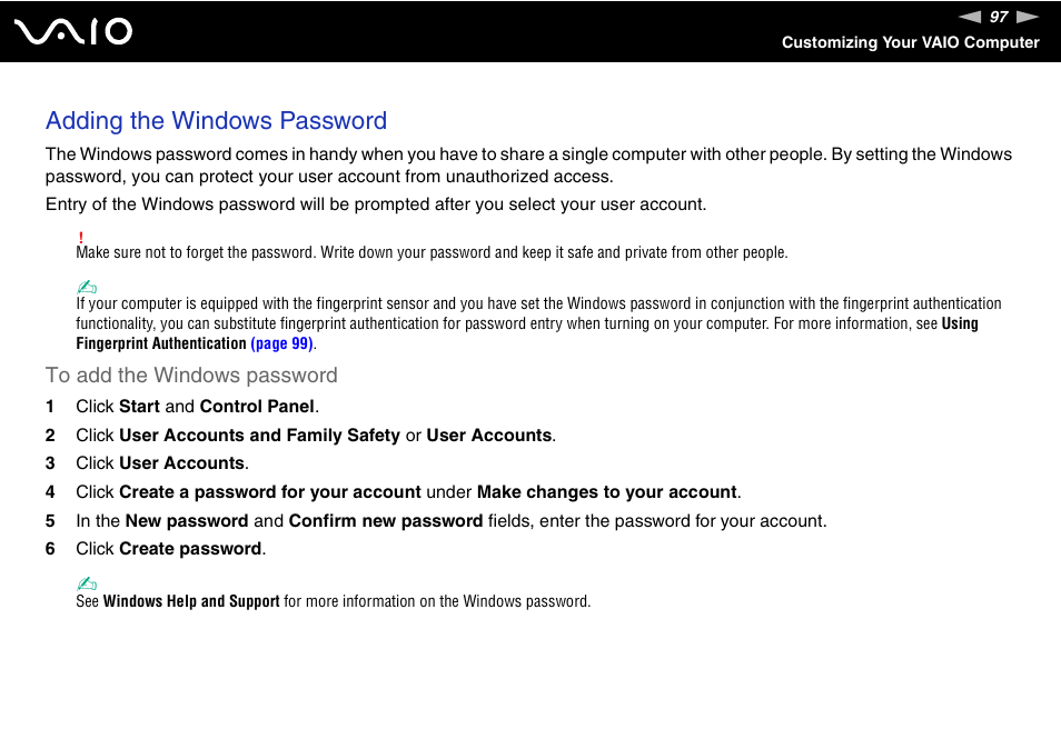 Adding the windows password | Sony VGN-CR490EBL User Manual | Page 97 / 200