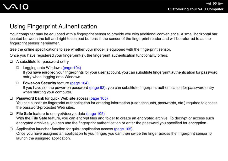 Using fingerprint authentication | Sony VGN-CR490EBL User Manual | Page 99 / 200