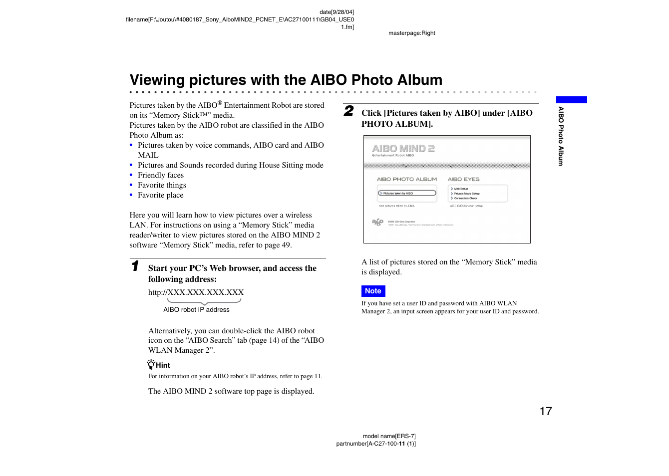 Viewing pictures with the aibo photo album | Sony ERS-7M2 User Manual | Page 17 / 62