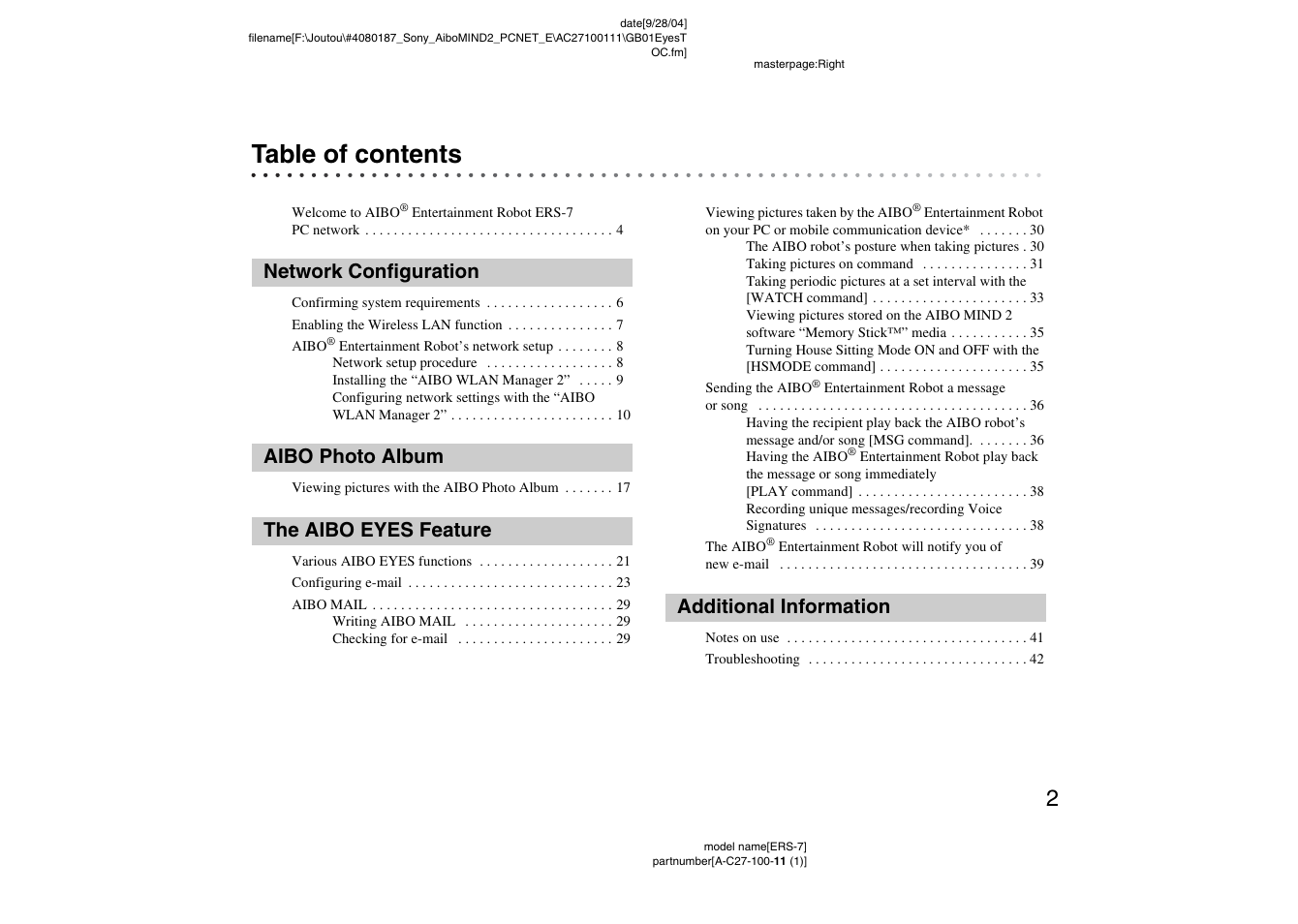 Sony ERS-7M2 User Manual | Page 2 / 62