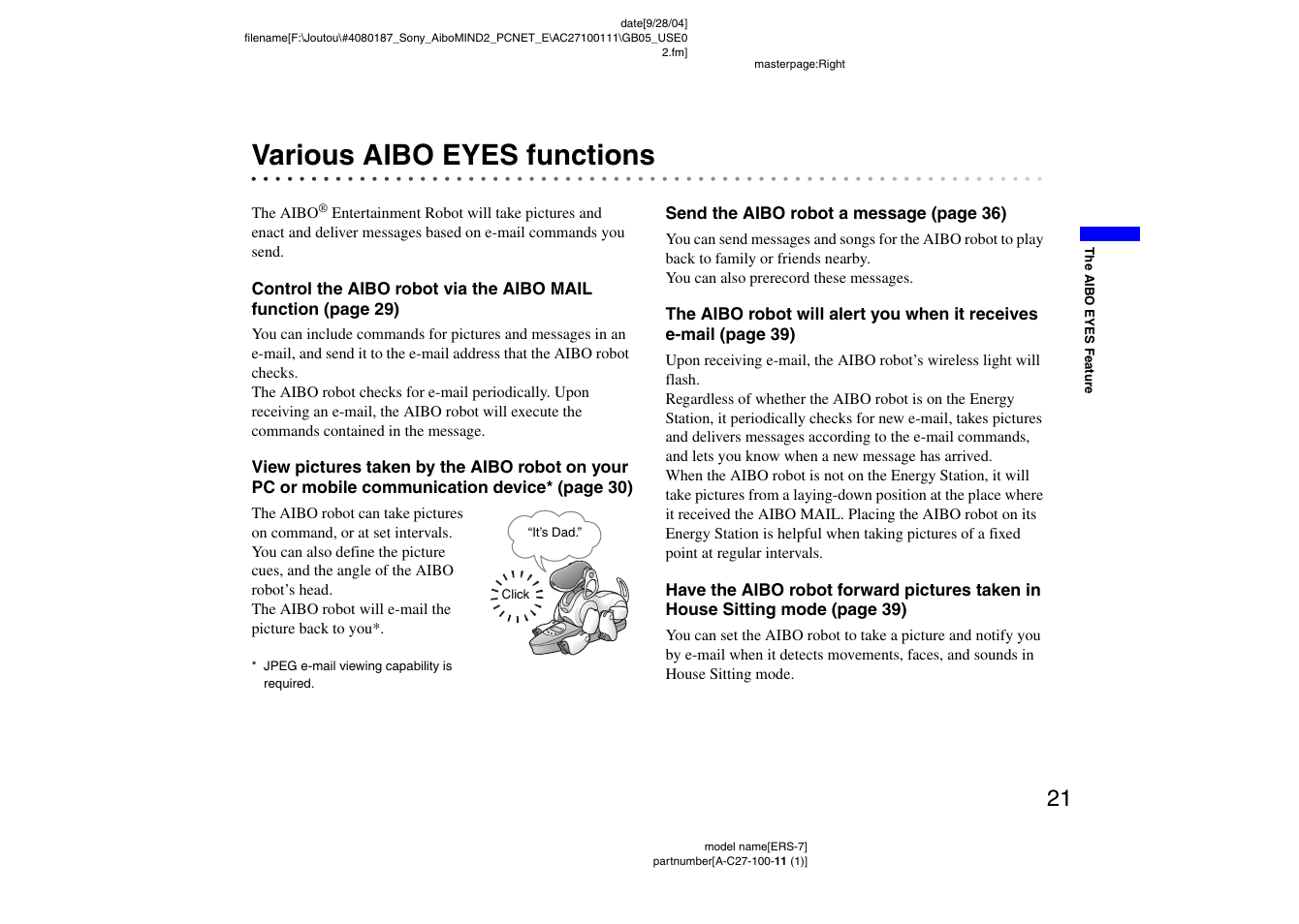 Various aibo eyes functions | Sony ERS-7M2 User Manual | Page 21 / 62
