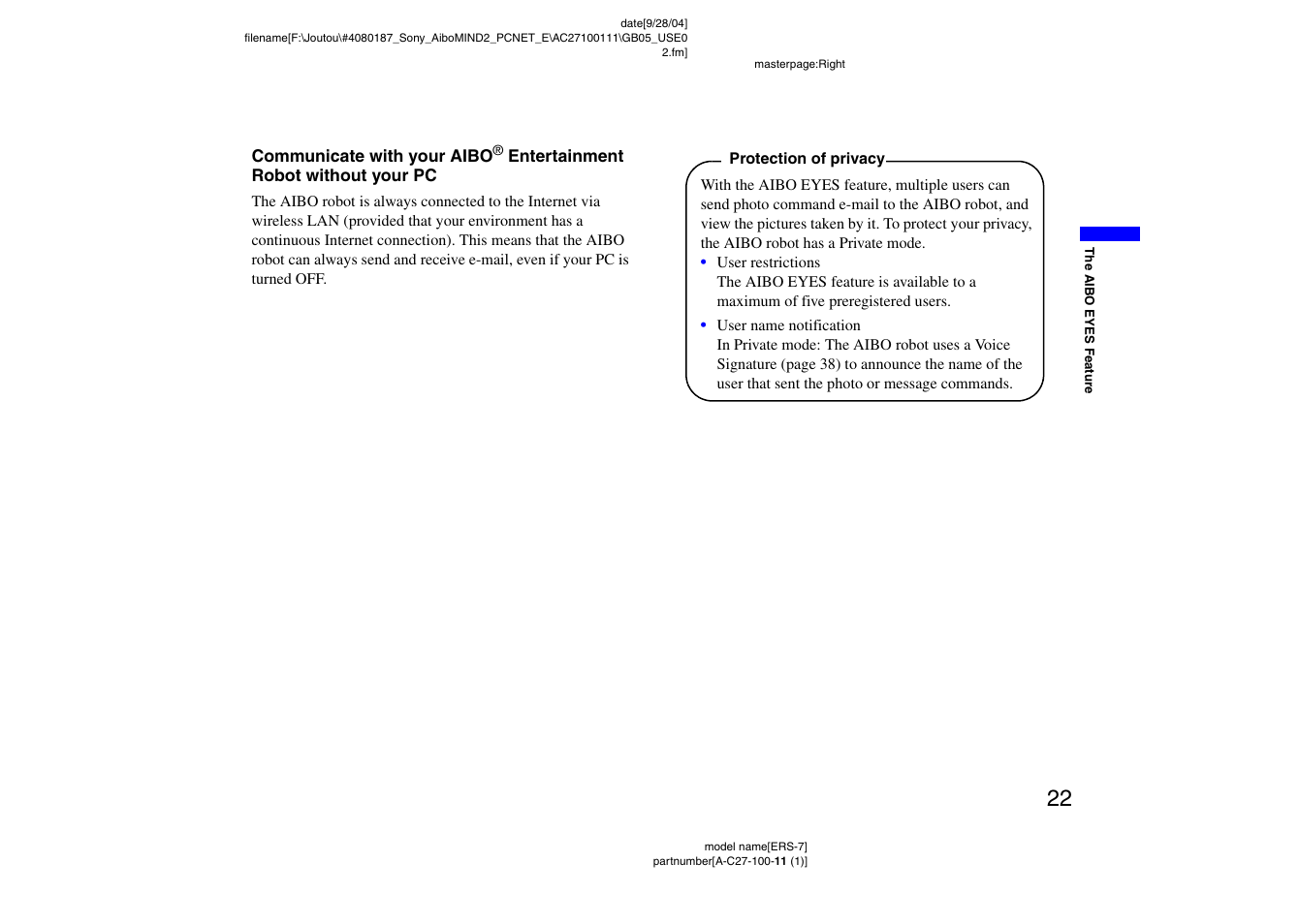 Sony ERS-7M2 User Manual | Page 22 / 62