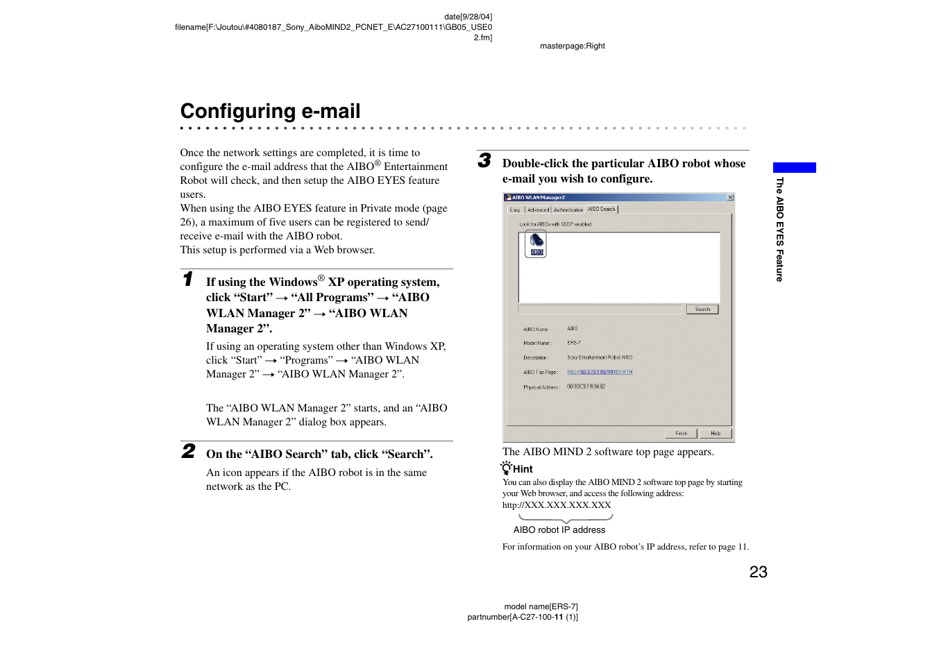 Configuring e-mail | Sony ERS-7M2 User Manual | Page 23 / 62