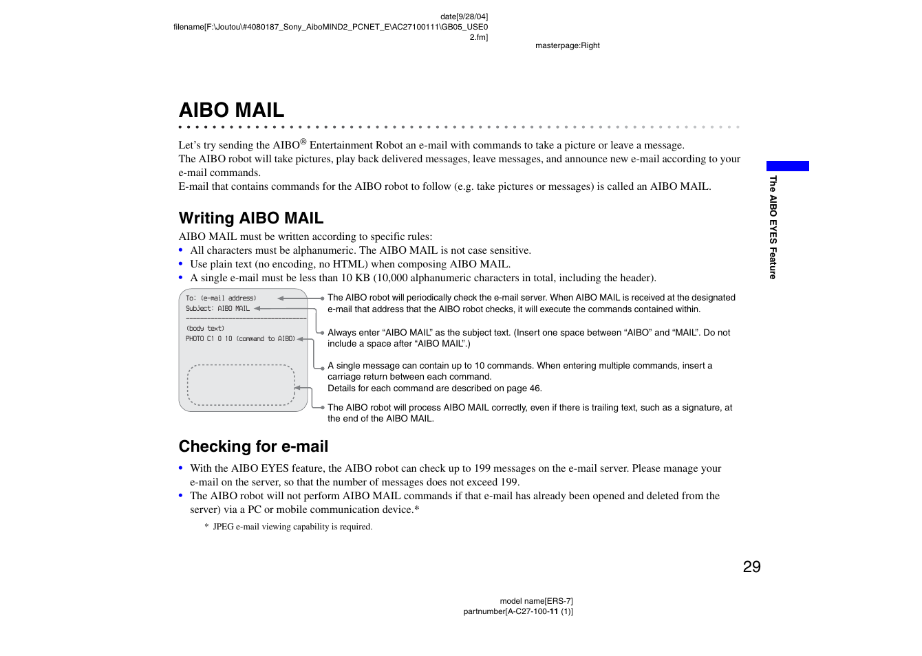 Aibo mail, Writing aibo mail, Checking for e-mail | Writing aibo mail checking for e-mail | Sony ERS-7M2 User Manual | Page 29 / 62