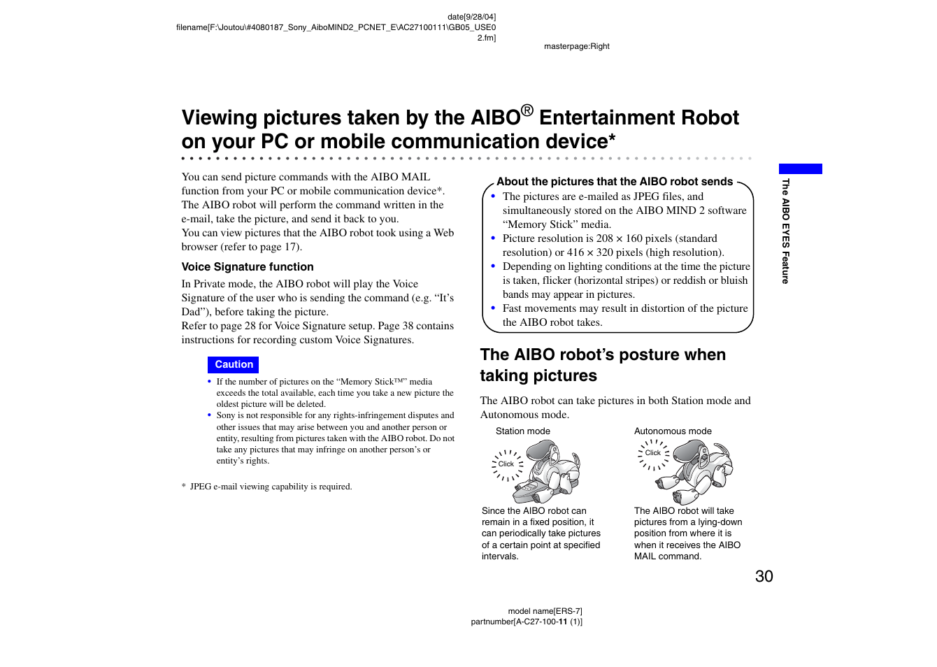 The aibo robot’s posture when taking pictures, Viewing pictures taken by the aibo, Entertainment robot | On your pc or mobile communication device, The aibo robot’s posture when taking pictures . 30 | Sony ERS-7M2 User Manual | Page 30 / 62
