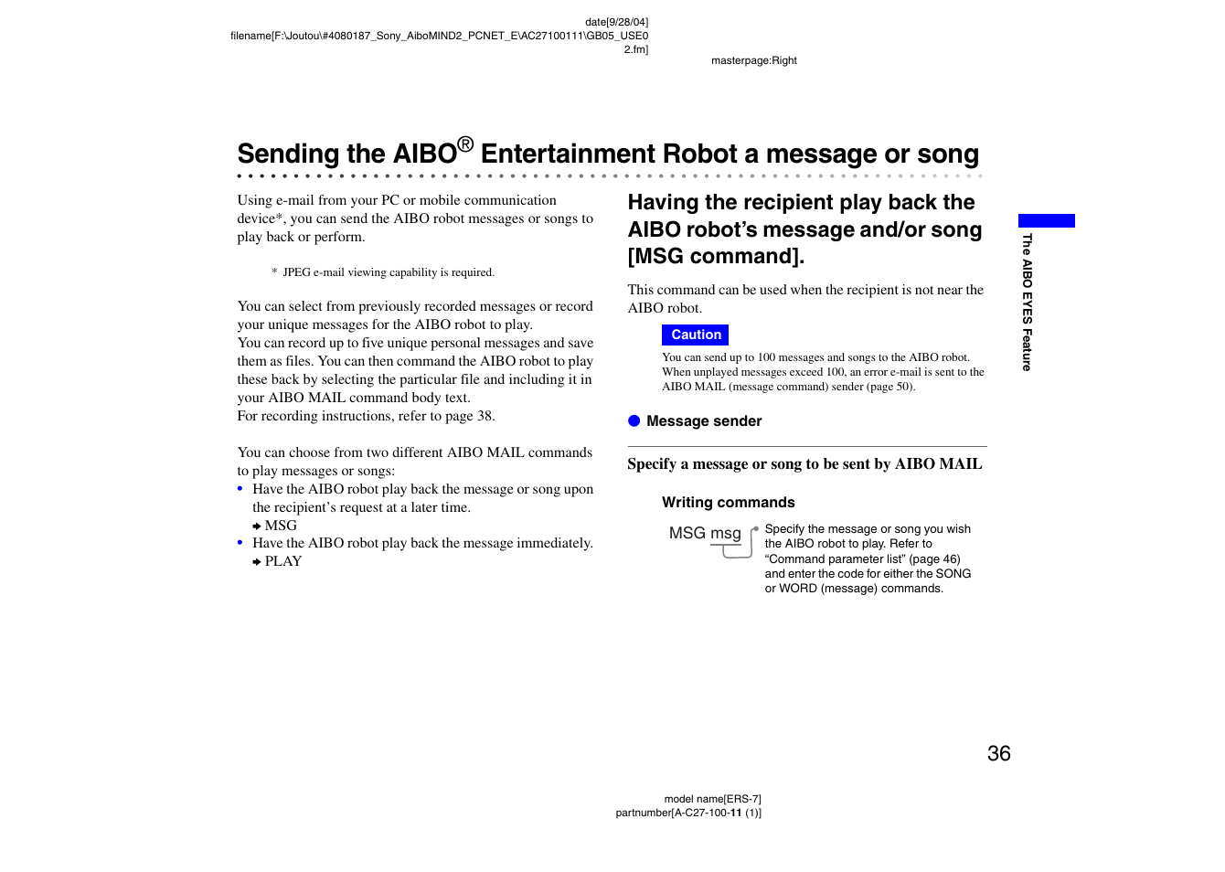 Sending the aibo, Entertainment robot a message, Or song | Entertainment robot a message or song | Sony ERS-7M2 User Manual | Page 36 / 62