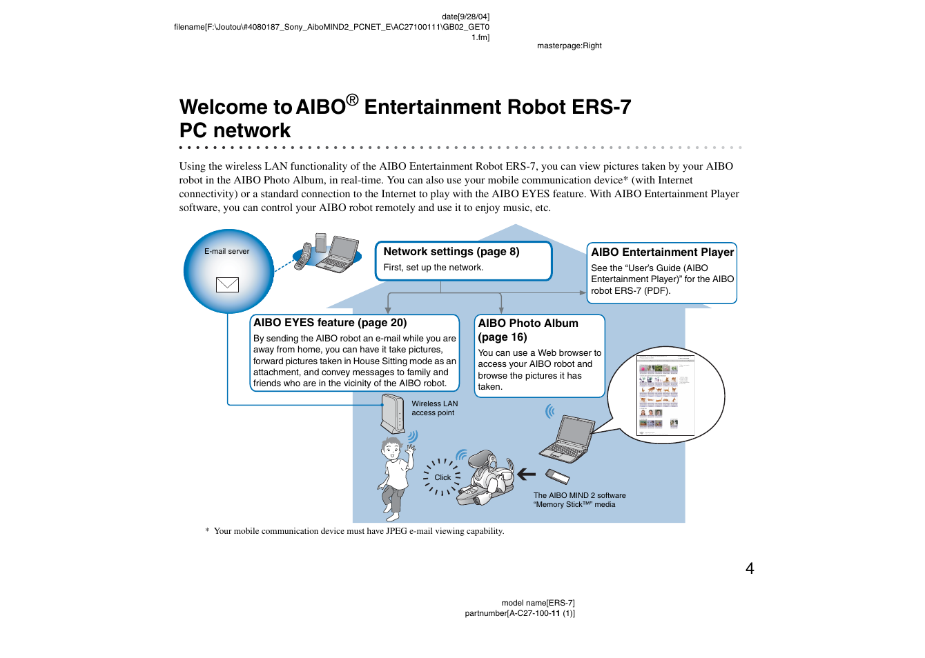 Welcome to aibo, Entertainment robot ers-7, Pc network | Welcome to, Aibo, Entertainment robot ers-7 pc network | Sony ERS-7M2 User Manual | Page 4 / 62