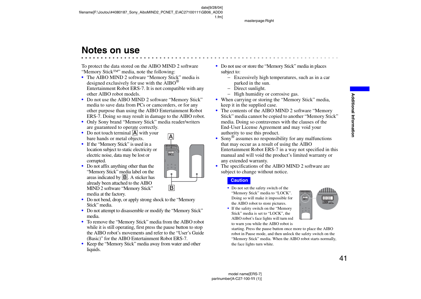 Notes on use | Sony ERS-7M2 User Manual | Page 41 / 62