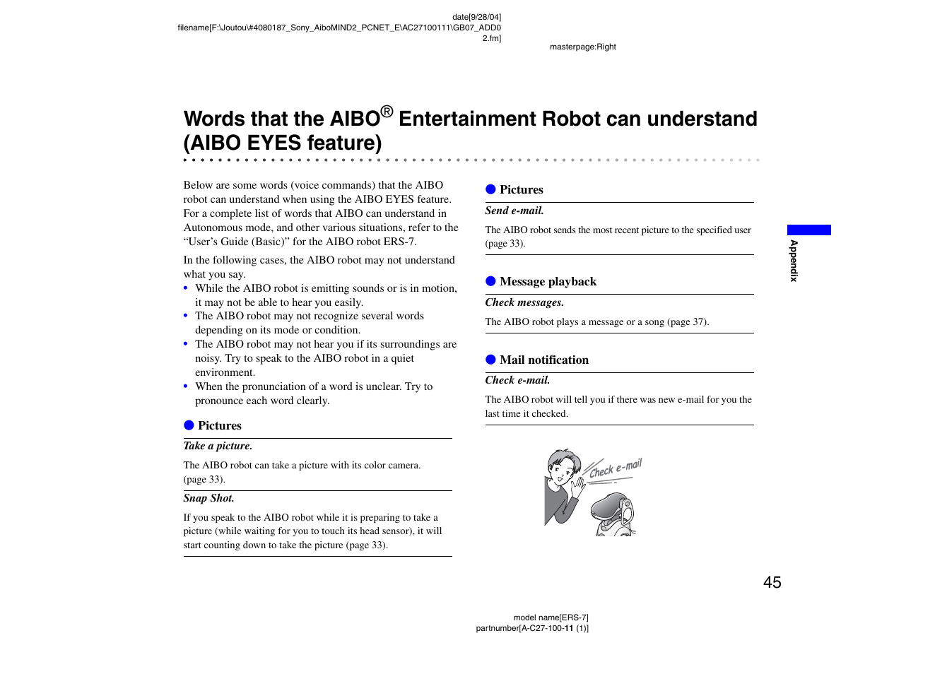 Words that the aibo, Entertainment robot can understand, Aibo eyes feature) | Sony ERS-7M2 User Manual | Page 45 / 62