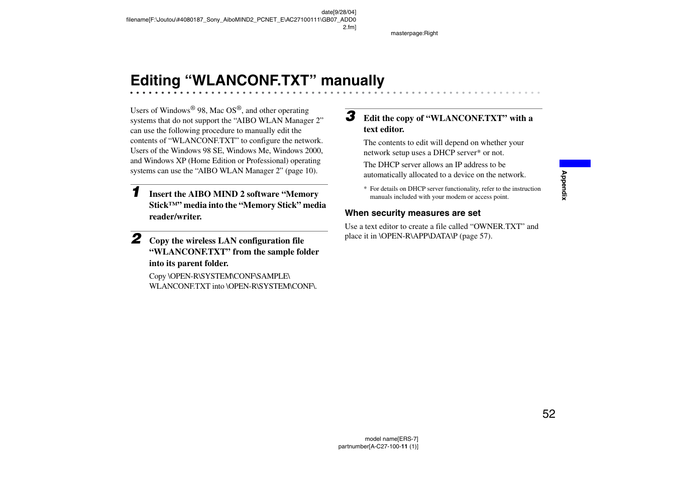 Editing “wlanconf.txt” manually | Sony ERS-7M2 User Manual | Page 52 / 62