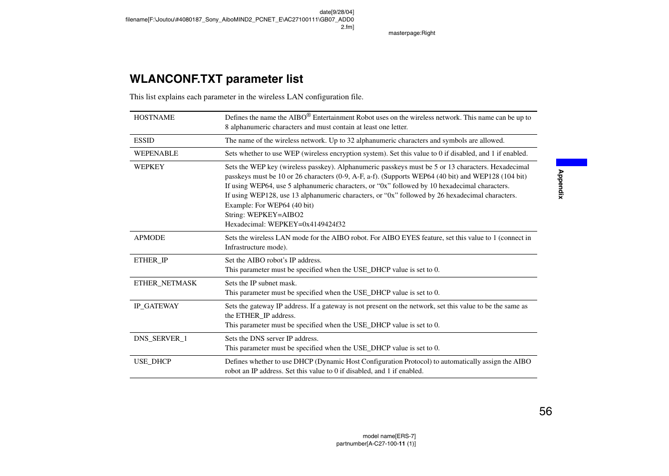 Wlanconf.txt parameter list, 56 wlanconf.txt parameter list | Sony ERS-7M2 User Manual | Page 56 / 62