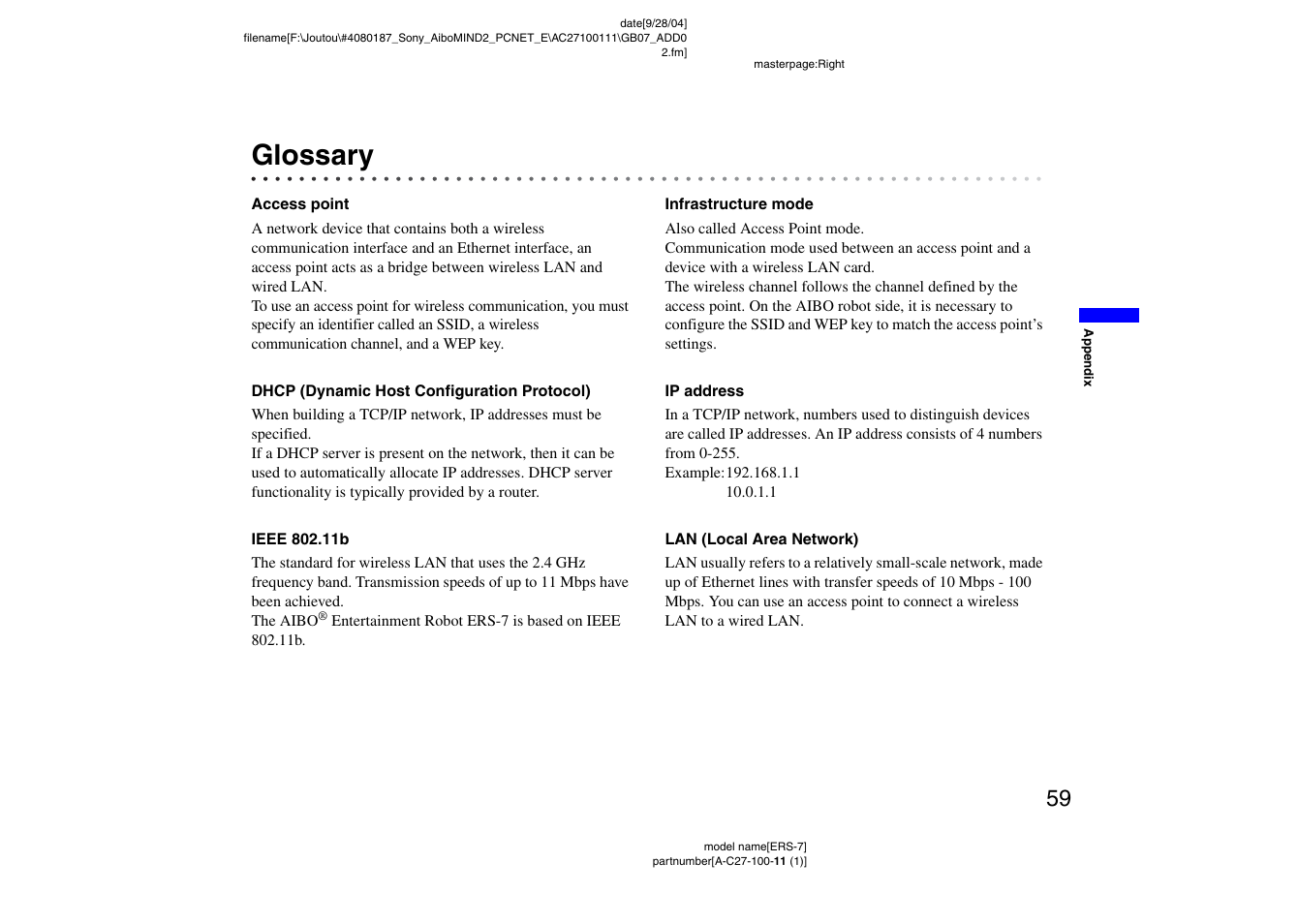 Glossary | Sony ERS-7M2 User Manual | Page 59 / 62