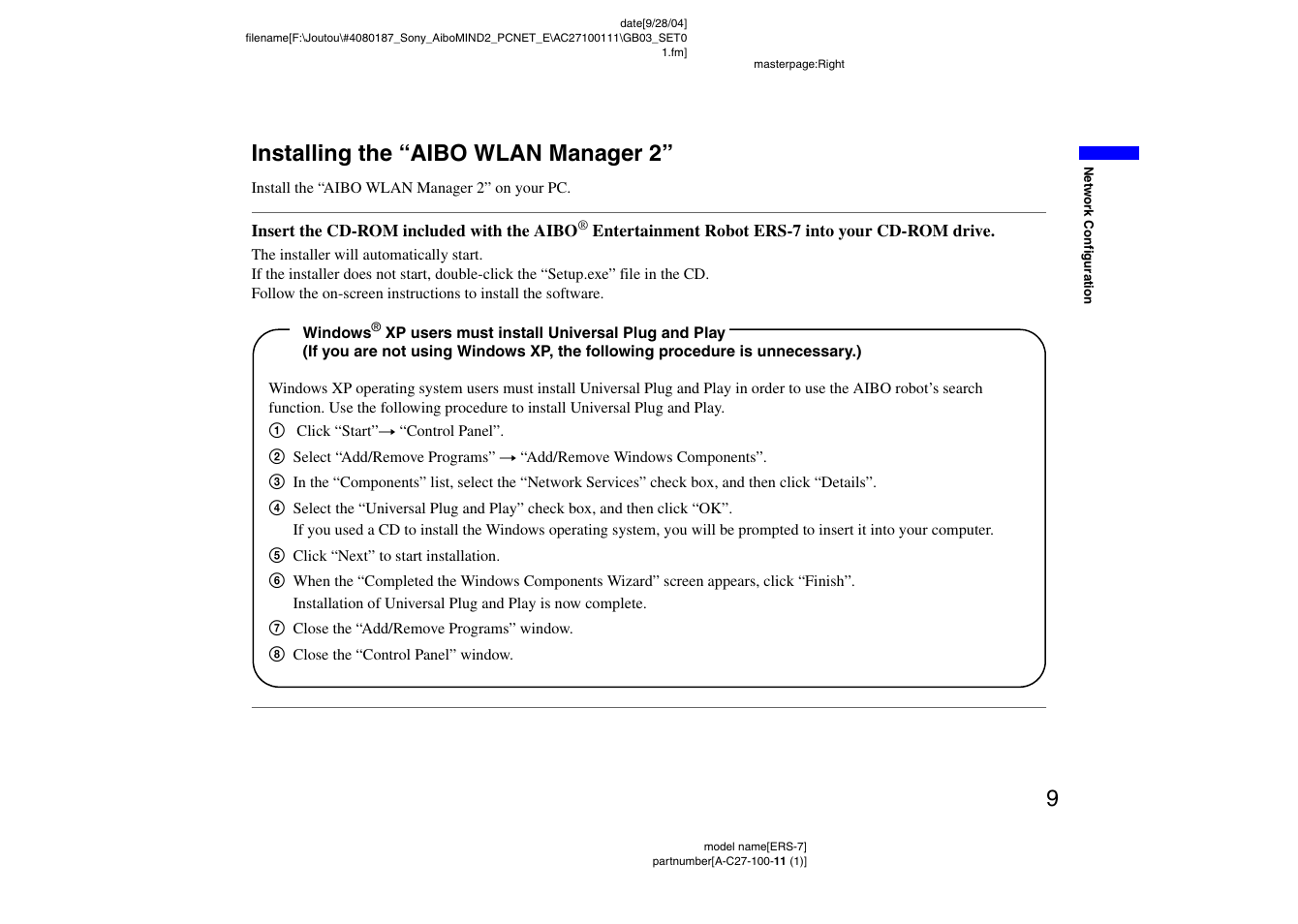 Installing the “aibo wlan manager 2, 9installing the “aibo wlan manager 2 | Sony ERS-7M2 User Manual | Page 9 / 62