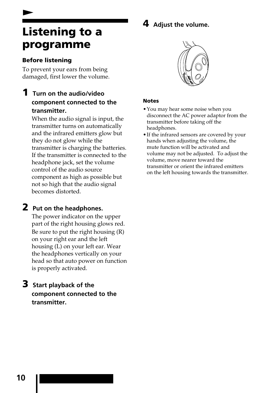 Operating the system, Listening to a programme, Noperating the system | Sony MDR-IF540RK User Manual | Page 10 / 44