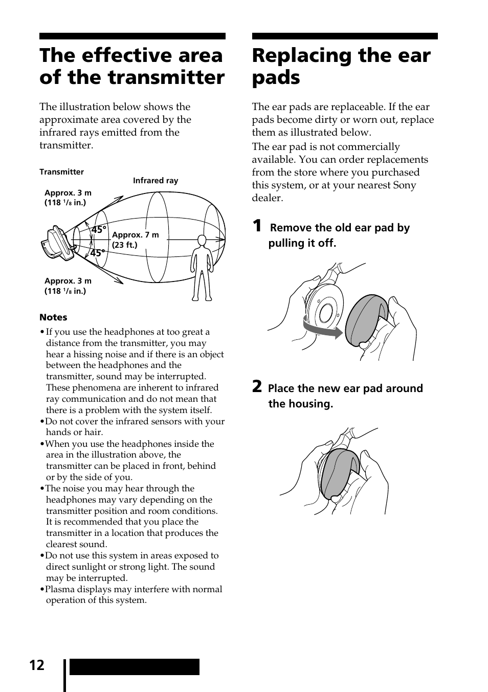 The effective area of the transmitter, Replacing the ear pads, The effective area of the | Transmitter | Sony MDR-IF540RK User Manual | Page 12 / 44